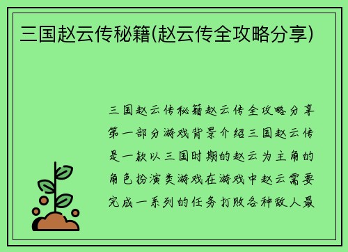 三国赵云传秘籍(赵云传全攻略分享)